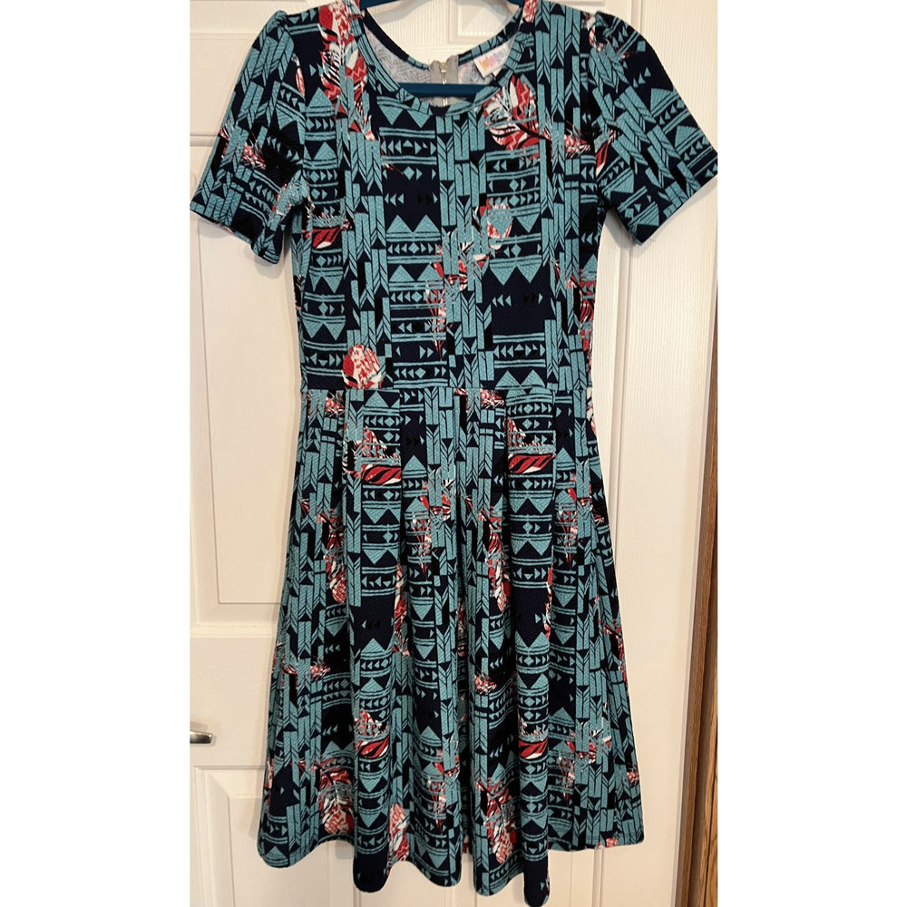 LuLaRoe Dress Size M Blue Light Blue Orange 39" Long x 17 1/2"‎ Pit to Pit